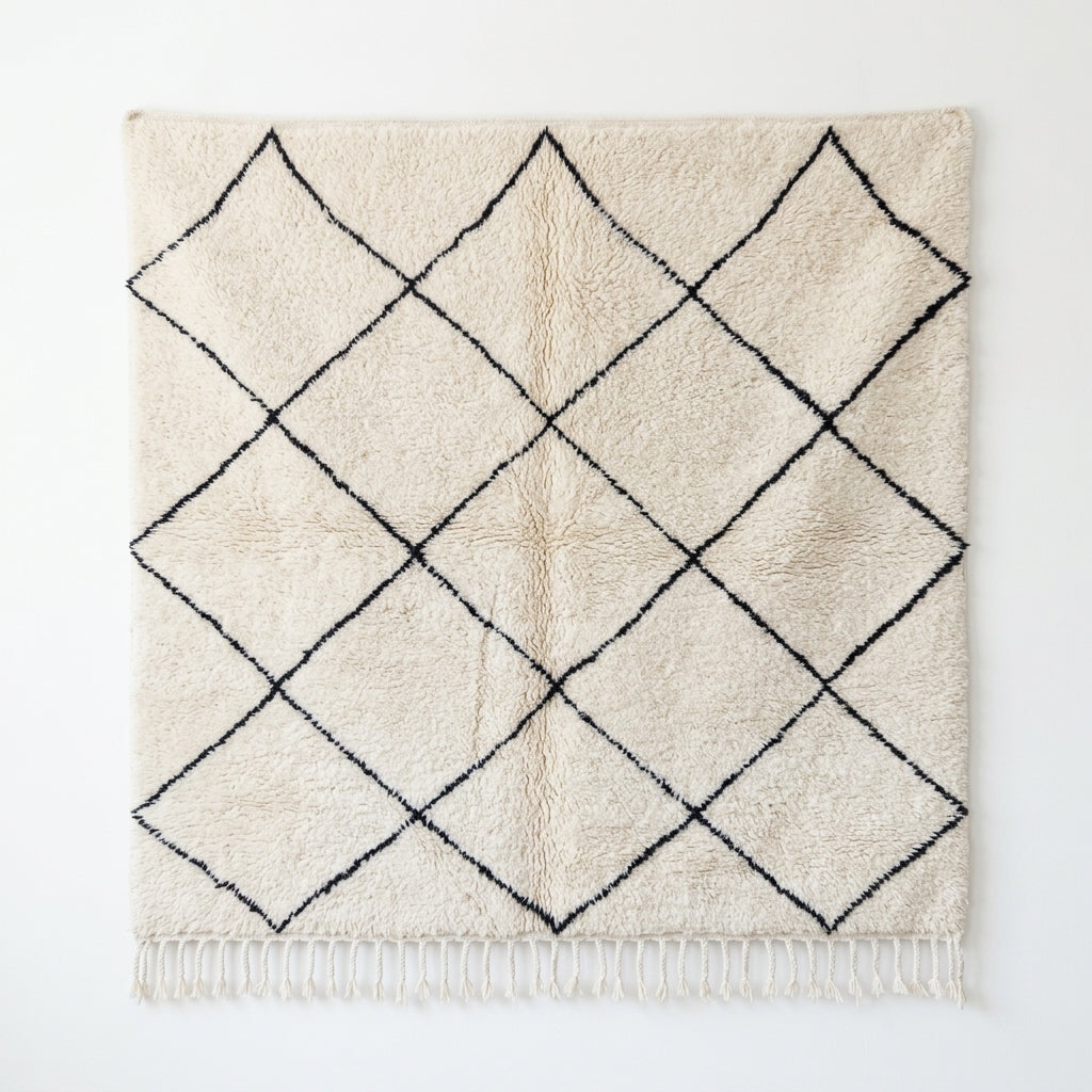 Authentic Beni Ourain Moroccan Wool Rug, Square Ivory Cream & Black Diamond Lattice Area Rug 200x200cm / 6.6x6.6ft, Plush Berber Rug