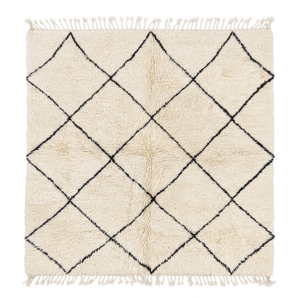 Authentic Beni Ourain Moroccan Wool Rug, Square Ivory Cream & Black Diamond Lattice Area Rug 200x200cm / 6.6x6.6ft, Plush Berber Rug