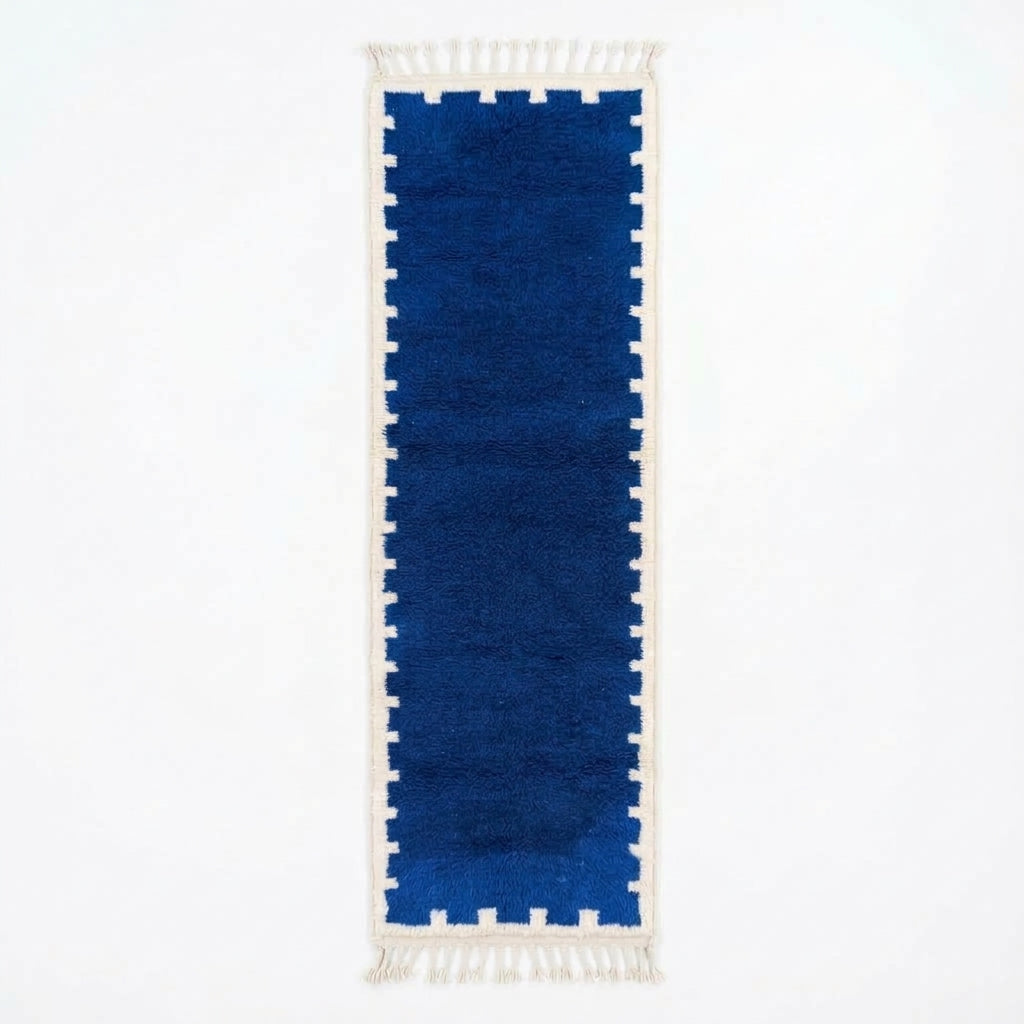 Handcrafted Moroccan Wool Runner Rug, Royal Blue & Cream Berber Hallway Runner 270x70cm / 8.8x2.3ft, Modern Geometric Long Area Rug