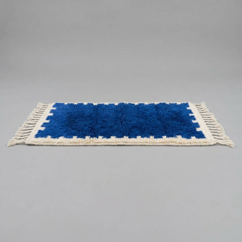 Handcrafted Moroccan Wool Runner Rug, Royal Blue & Cream Berber Hallway Runner 270x70cm / 8.8x2.3ft, Modern Geometric Long Area Rug