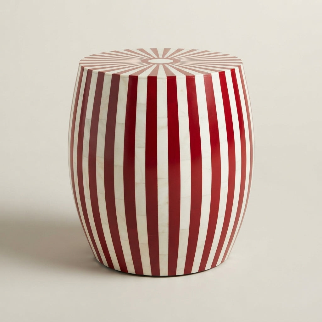 Moroccan Red Wood & Cream Resin Drum Side Table | 40 × 50 cm