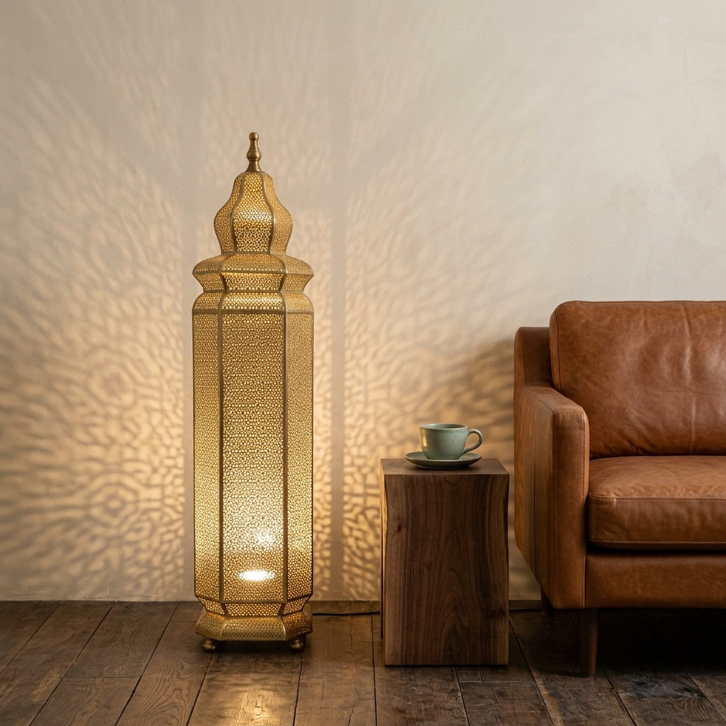Lampadaire Marocain en Laiton Perforé 60 cm - Lanterne Orientale sur Pied Gold & Bronze, Éclairage Artisanale d'Ambiance