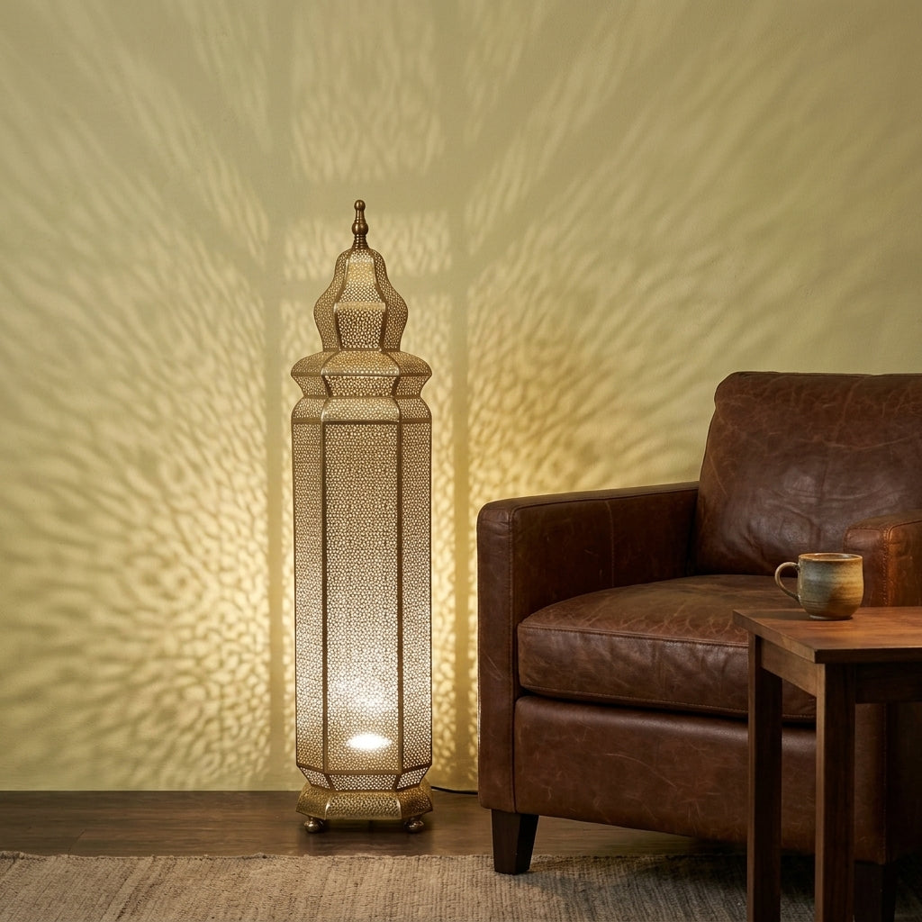 Lampadaire Marocain en Laiton Perforé 60 cm - Lanterne Orientale sur Pied Gold & Bronze, Éclairage Artisanale d'Ambiance