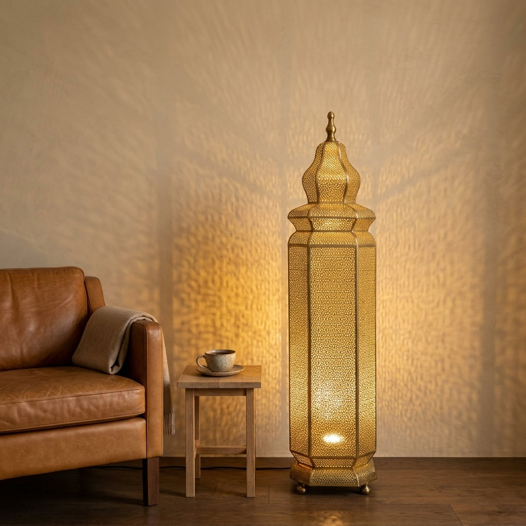 Lampadaire Marocain en Laiton Perforé 60 cm - Lanterne Orientale sur Pied Gold & Bronze, Éclairage Artisanale d'Ambiance