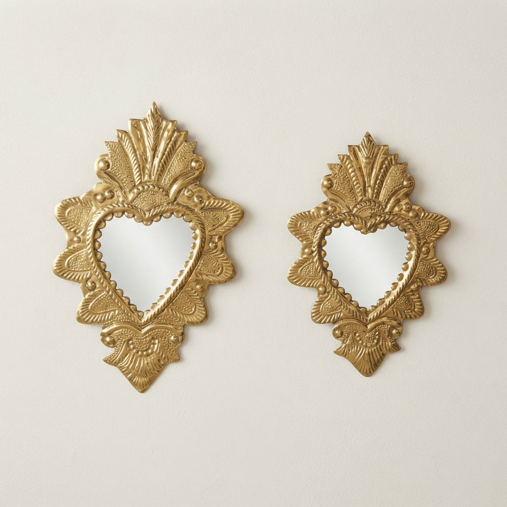 Moroccan Golden Ex-Voto Heart Mirror | Handmade Brass Wall Mirror