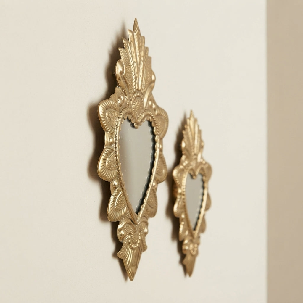 Moroccan Golden Ex-Voto Heart Mirror | Handmade Brass Wall Mirror