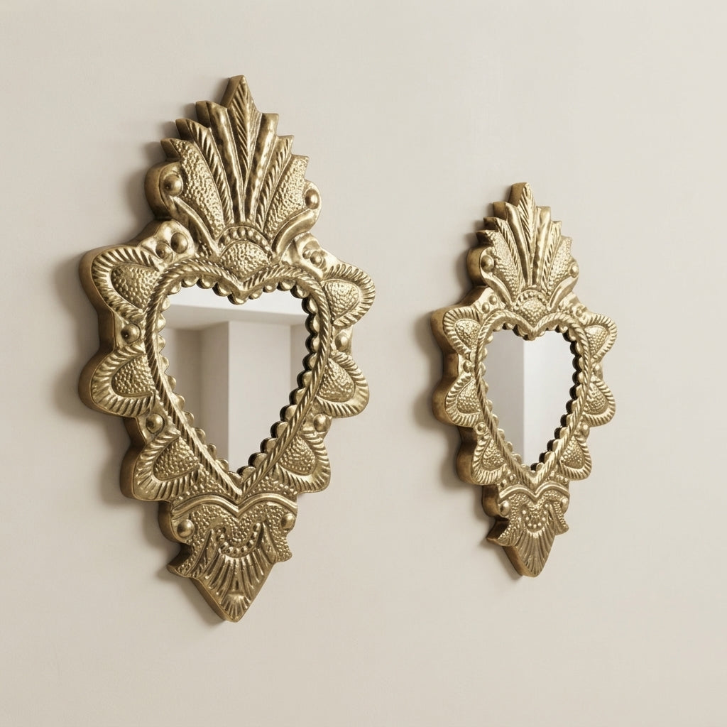 Moroccan Golden Ex-Voto Heart Mirror | Handmade Brass Wall Mirror
