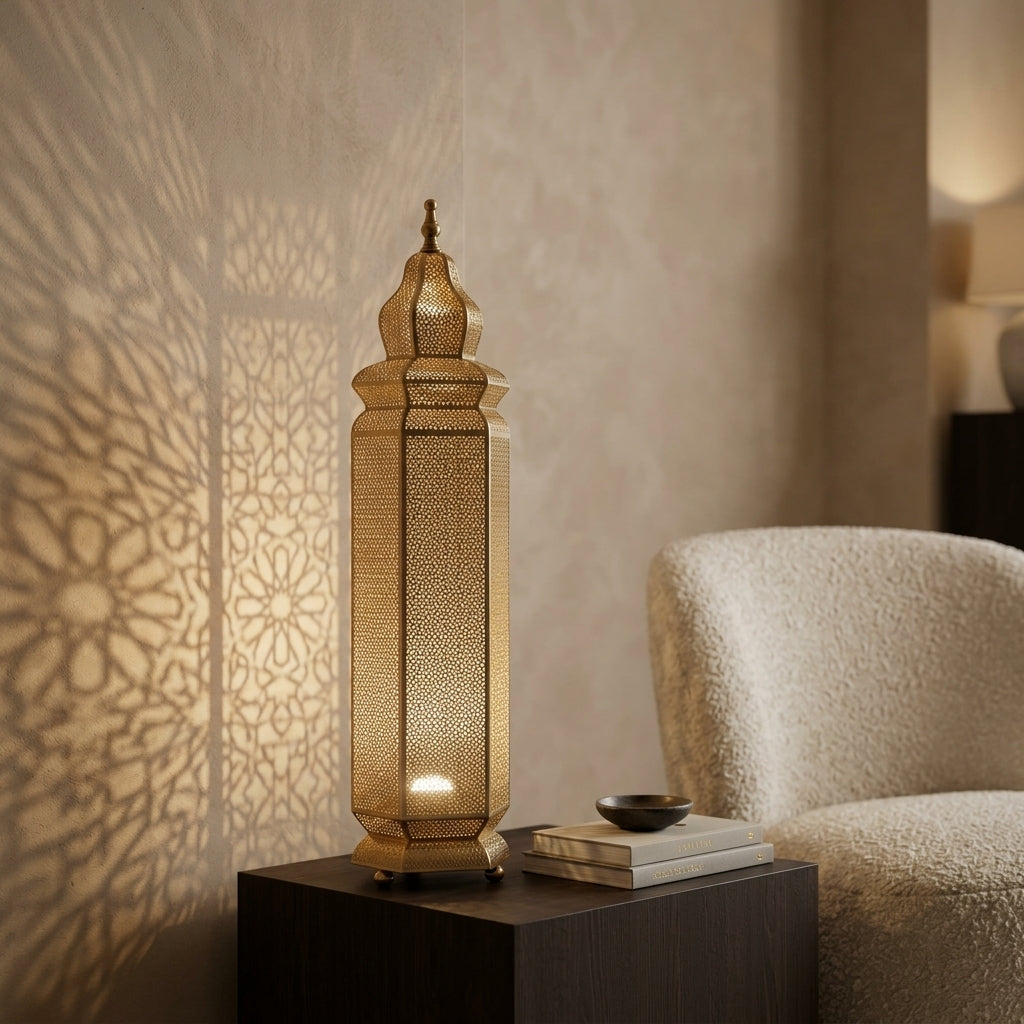 Lampadaire Marocain en Laiton Perforé 60 cm - Lanterne Orientale sur Pied Gold & Bronze, Éclairage Artisanale d'Ambiance