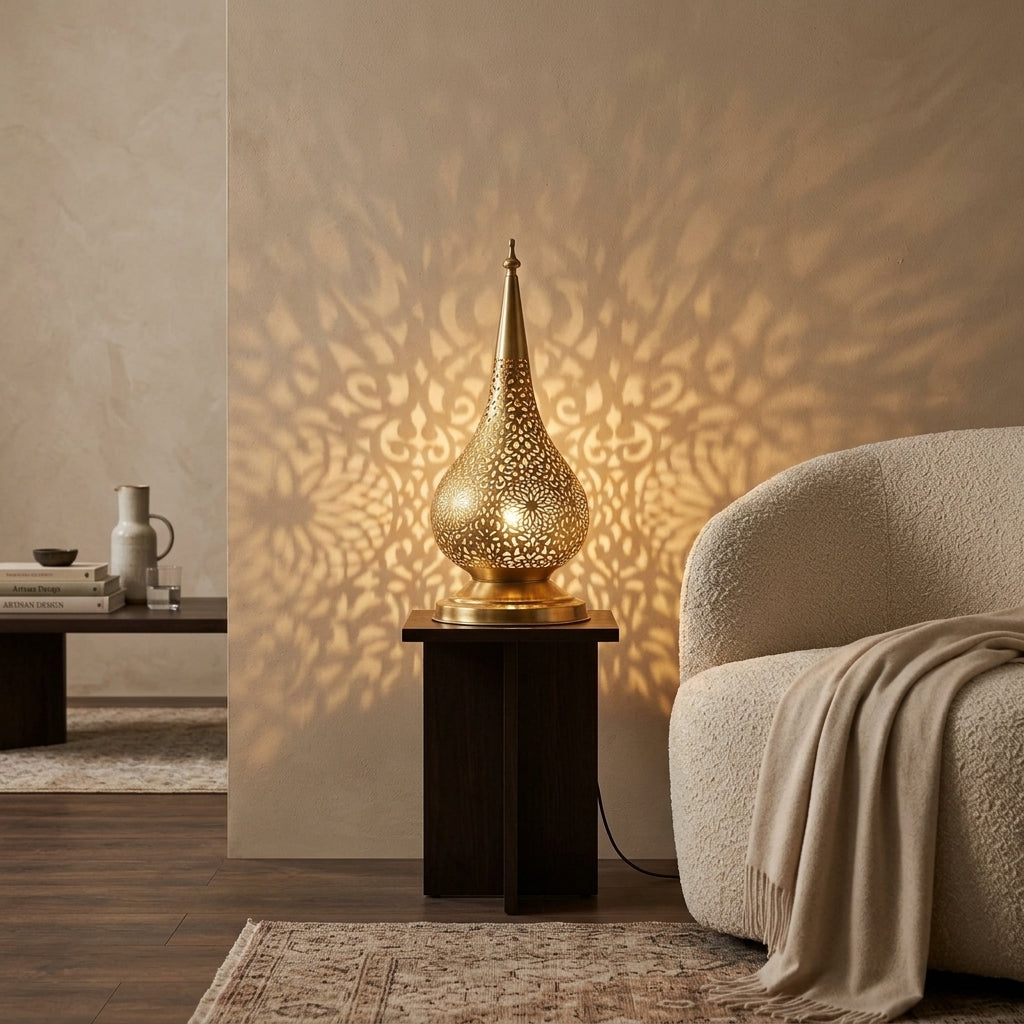 Handmade Moroccan Perforated Brass Lantern 60 cm - Oriental Gold & Bronze Candle Holder, Ambient Lighting