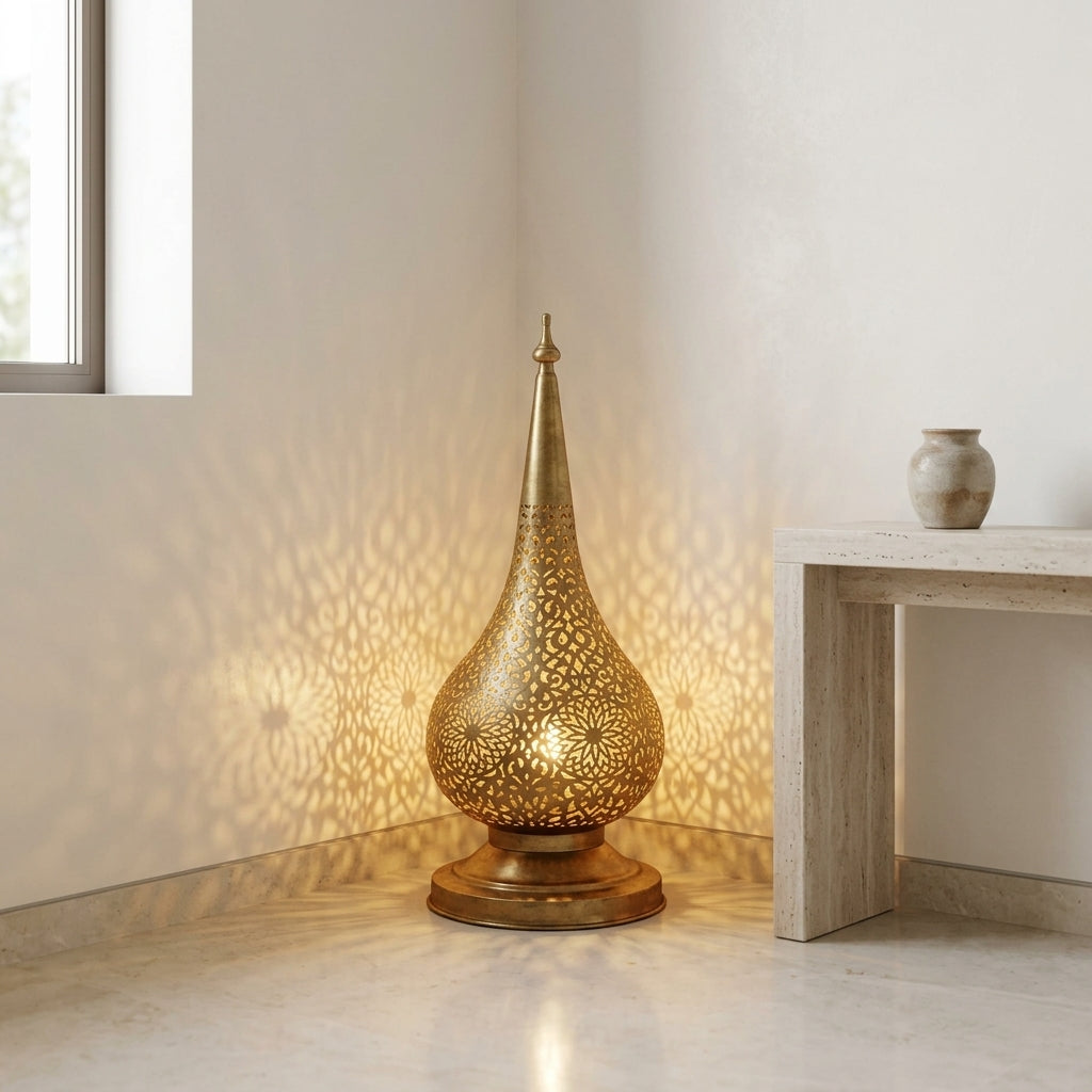 Handmade Moroccan Perforated Brass Lantern 60 cm - Oriental Gold & Bronze Candle Holder, Ambient Lighting