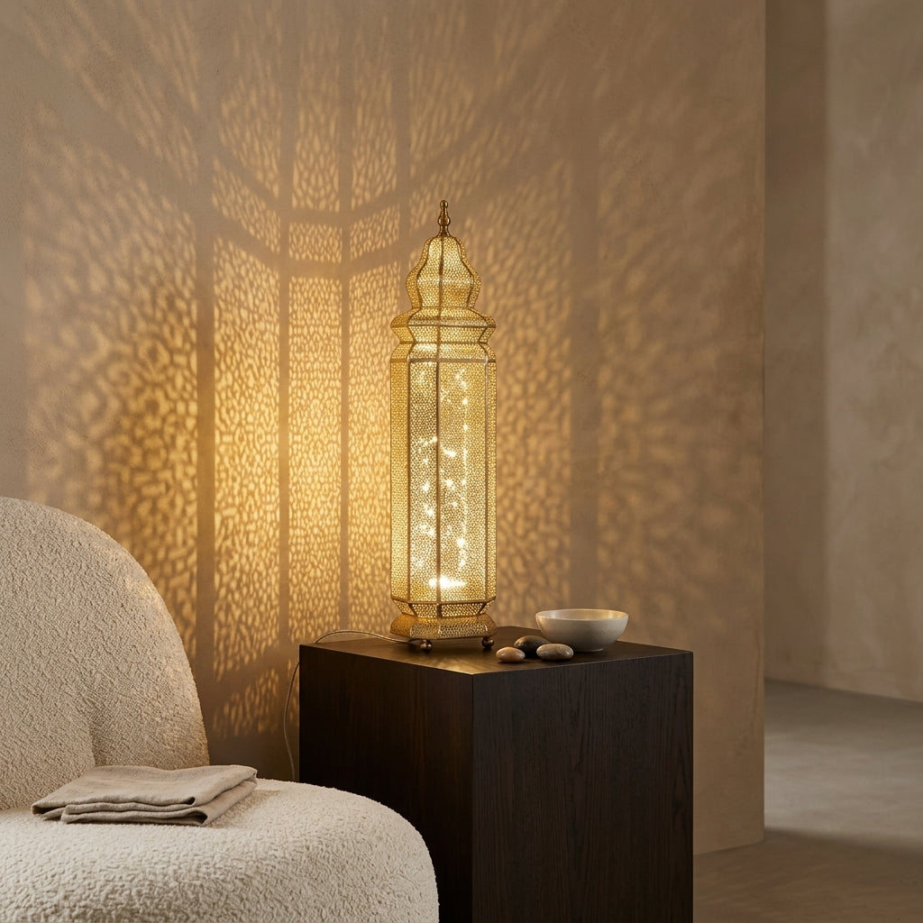 Lampadaire Marocain en Laiton Perforé 60 cm - Lanterne Orientale sur Pied Gold & Bronze, Éclairage Artisanale d'Ambiance