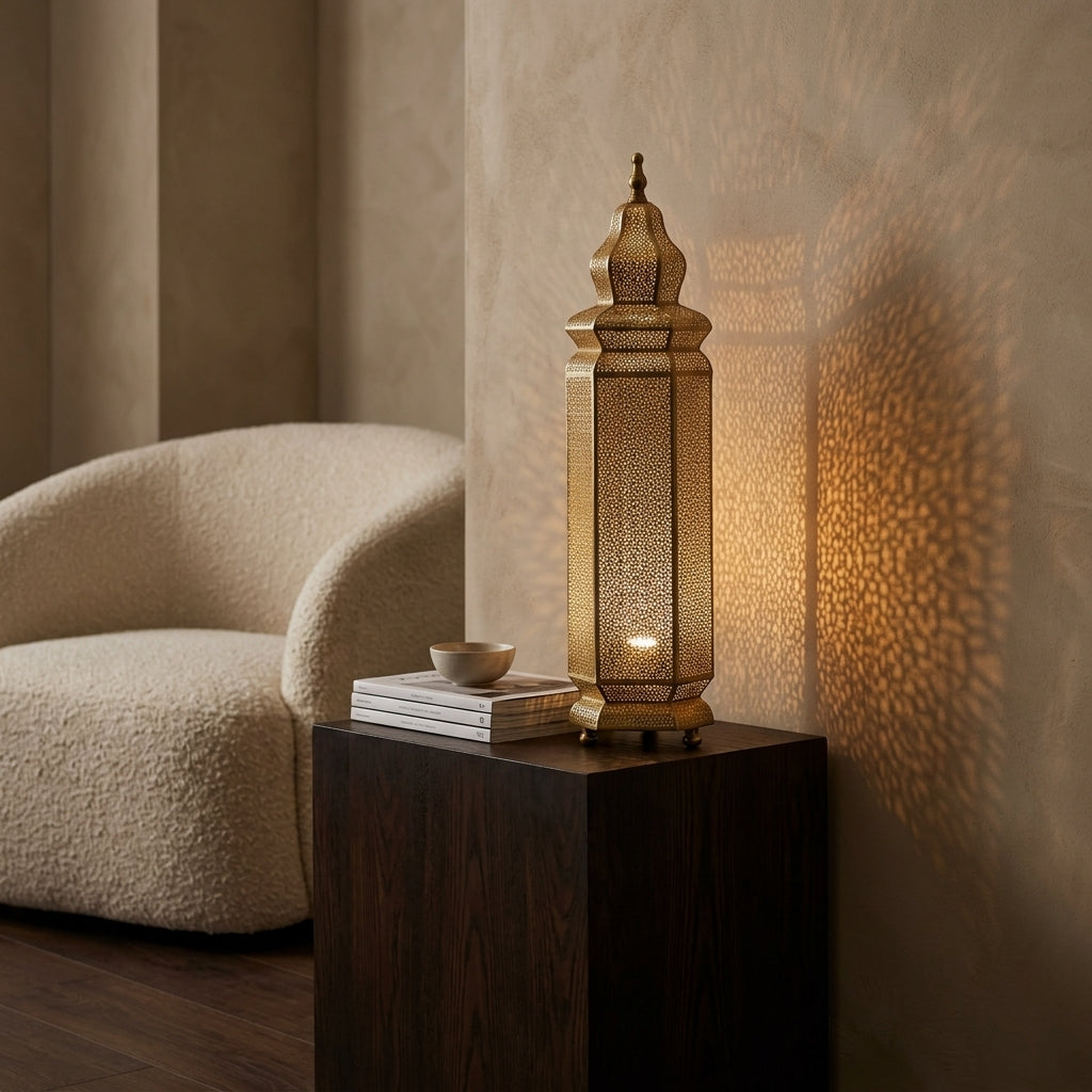 Lampadaire Marocain en Laiton Perforé 60 cm - Lanterne Orientale sur Pied Gold & Bronze, Éclairage Artisanale d'Ambiance