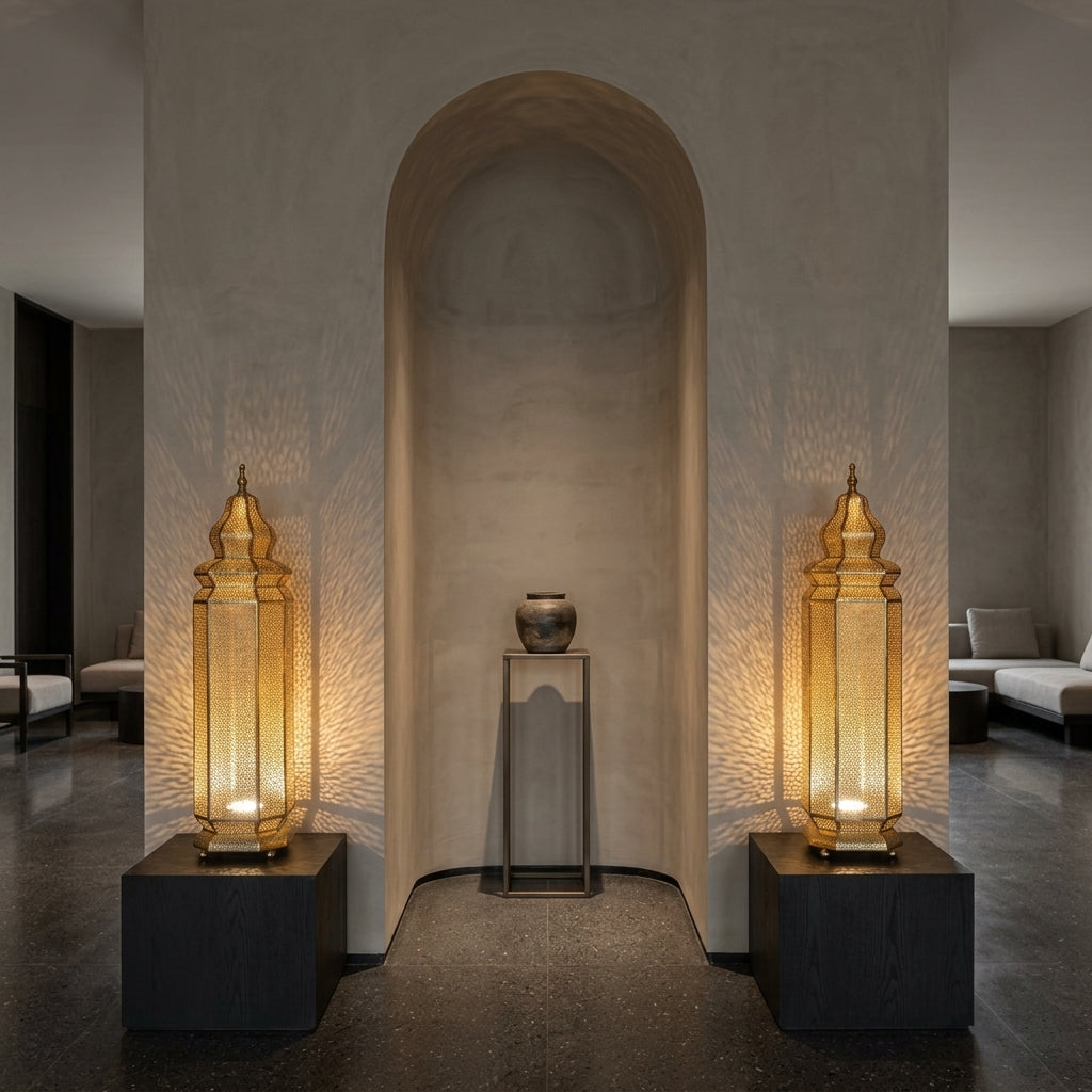 Lampadaire Marocain en Laiton Perforé 60 cm - Lanterne Orientale sur Pied Gold & Bronze, Éclairage Artisanale d'Ambiance
