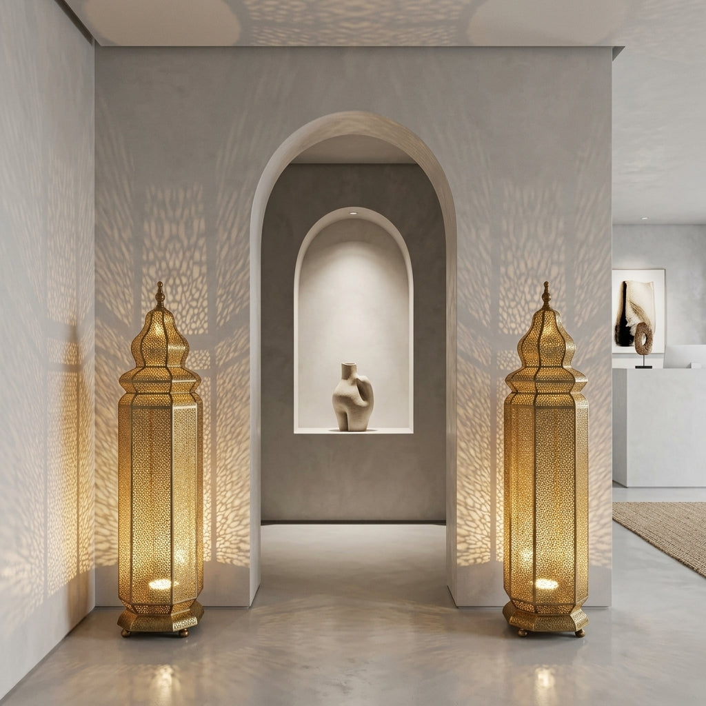 Lampadaire Marocain en Laiton Perforé 60 cm - Lanterne Orientale sur Pied Gold & Bronze, Éclairage Artisanale d'Ambiance