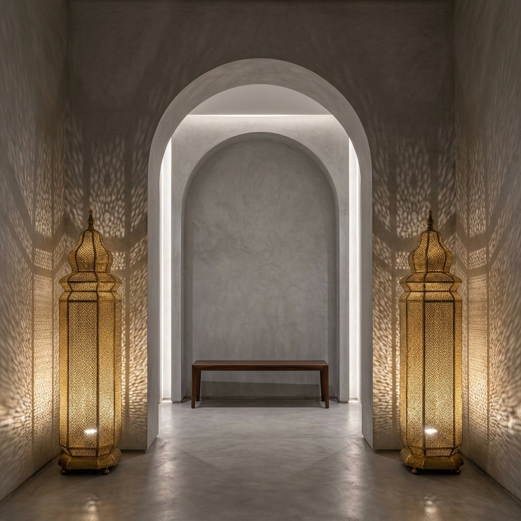 Lampadaire Marocain en Laiton Perforé 60 cm - Lanterne Orientale sur Pied Gold & Bronze, Éclairage Artisanale d'Ambiance