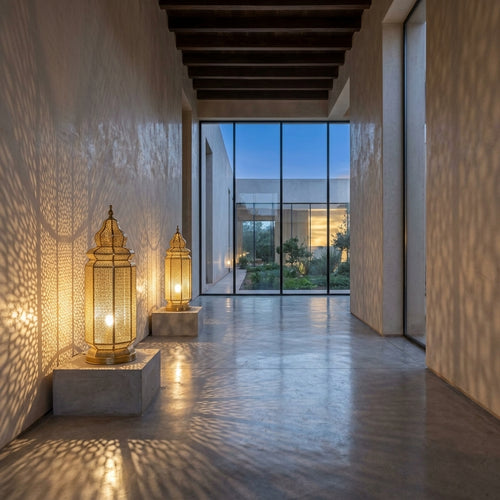 Lampadaire Marocain en Laiton Perforé 60 cm - Lanterne Orientale sur Pied Gold & Bronze, Éclairage Artisanale d'Ambiance