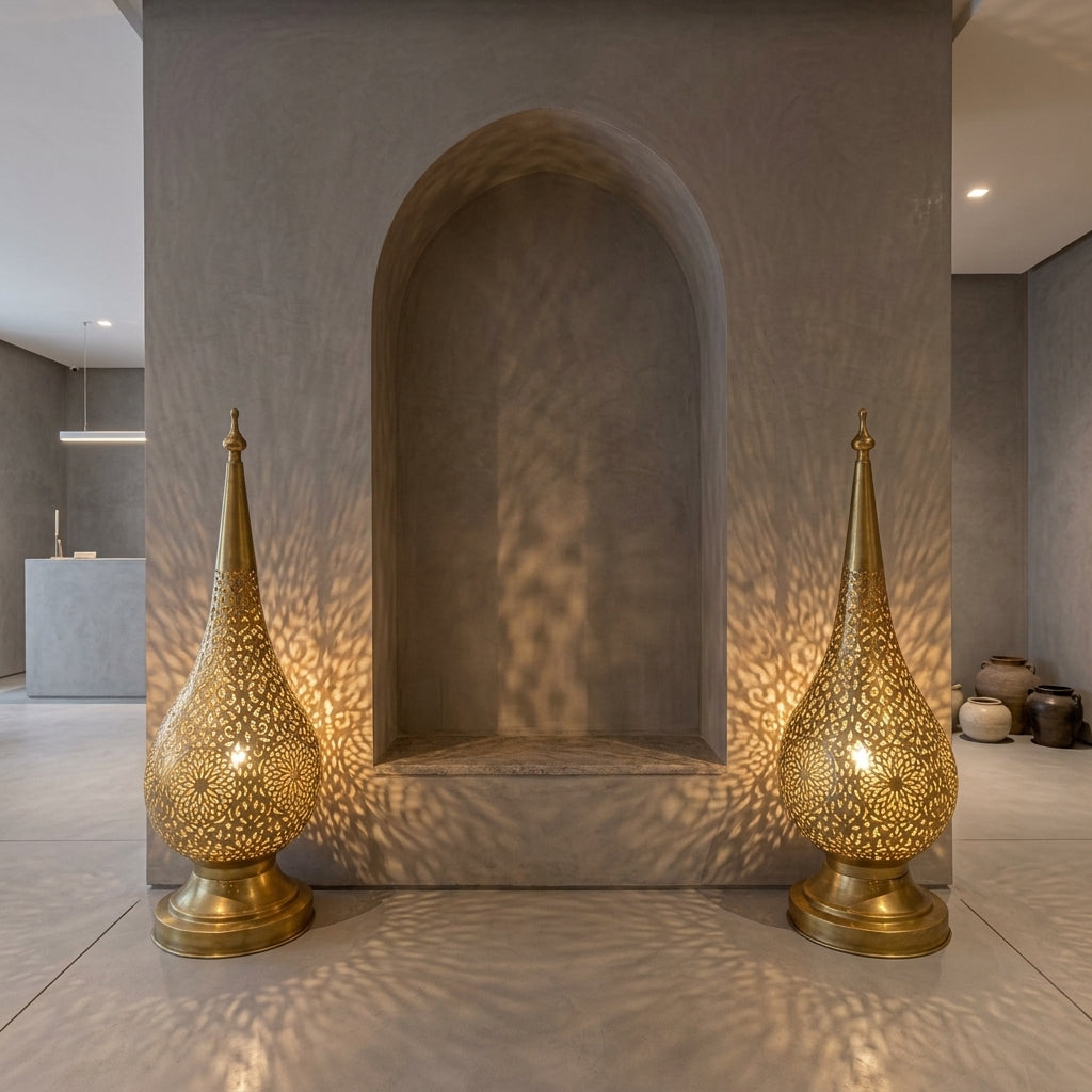 Handmade Moroccan Perforated Brass Lantern 60 cm - Oriental Gold & Bronze Candle Holder, Ambient Lighting