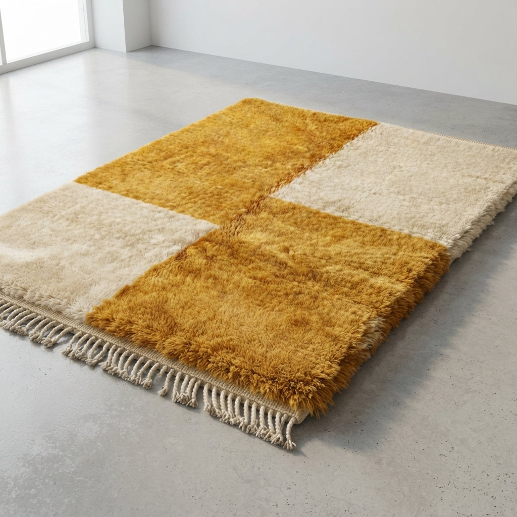 Handcrafted Moroccan Wool Rug, Mustard Yellow & Cream Checkerboard, 260 x 185 cm
