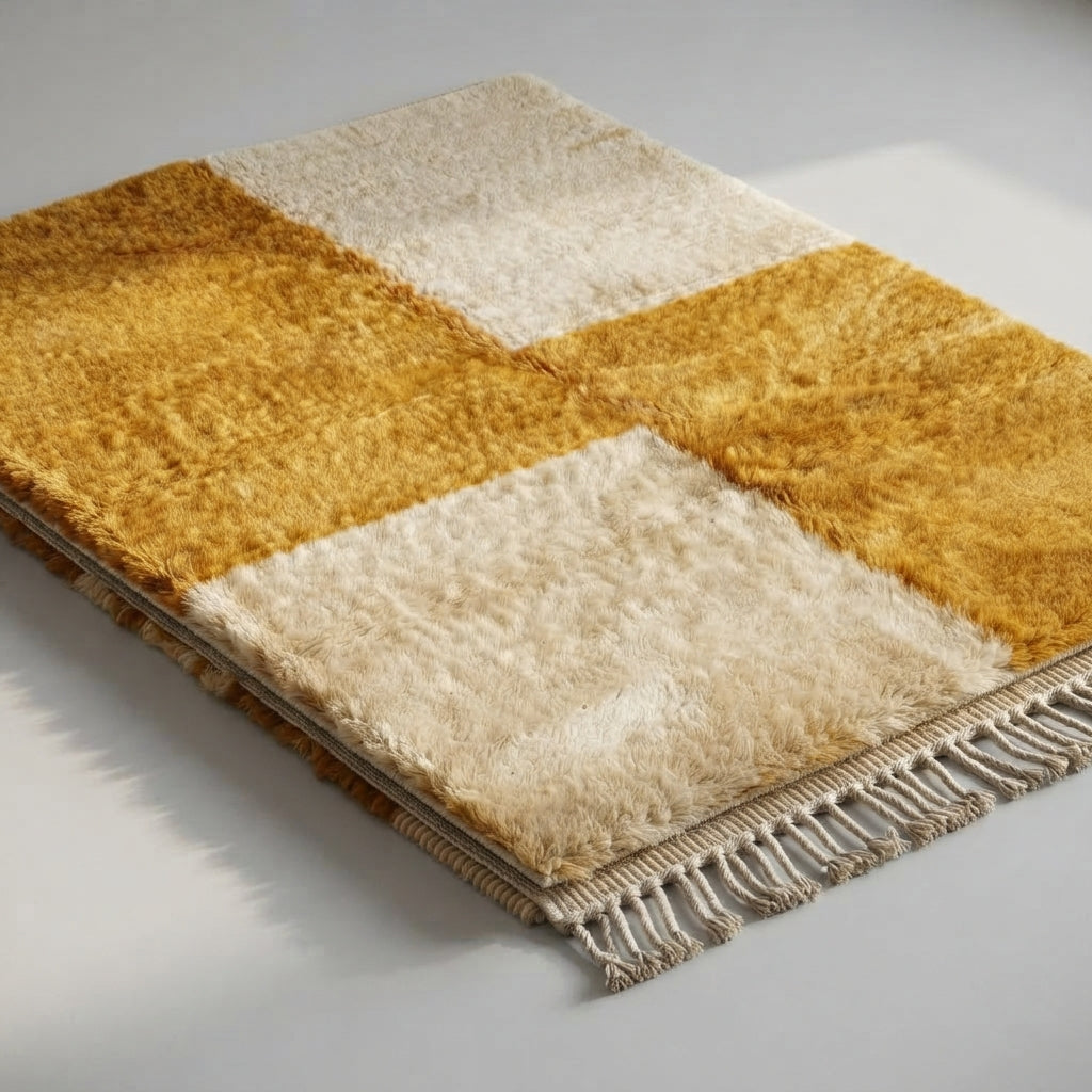 Handcrafted Moroccan Wool Rug, Mustard Yellow & Cream Checkerboard, 260 x 185 cm