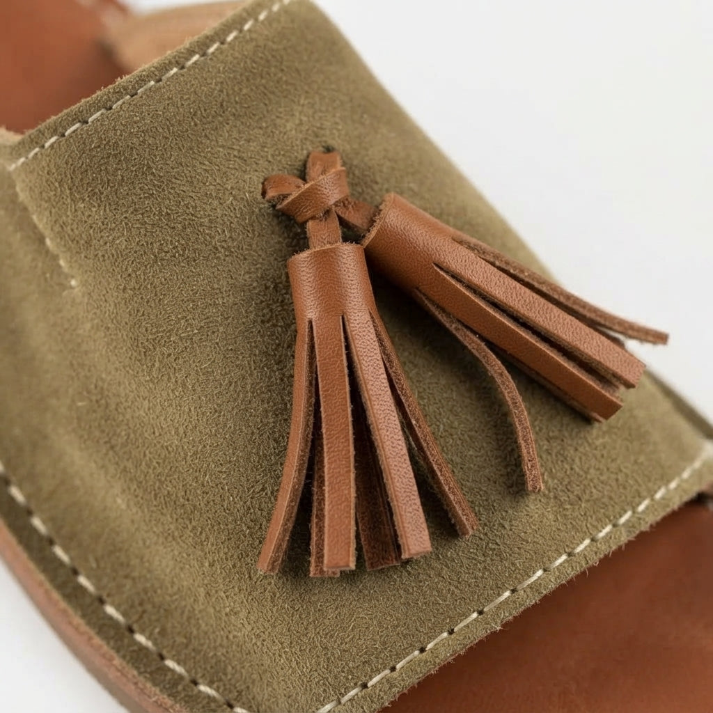 Handcrafted Moroccan Leather Slides, Olive Green Suede Tassel Mules EU 37-42, Authentic Artisanal Summer Sandals, Boho Flat Slip-On Shoes
