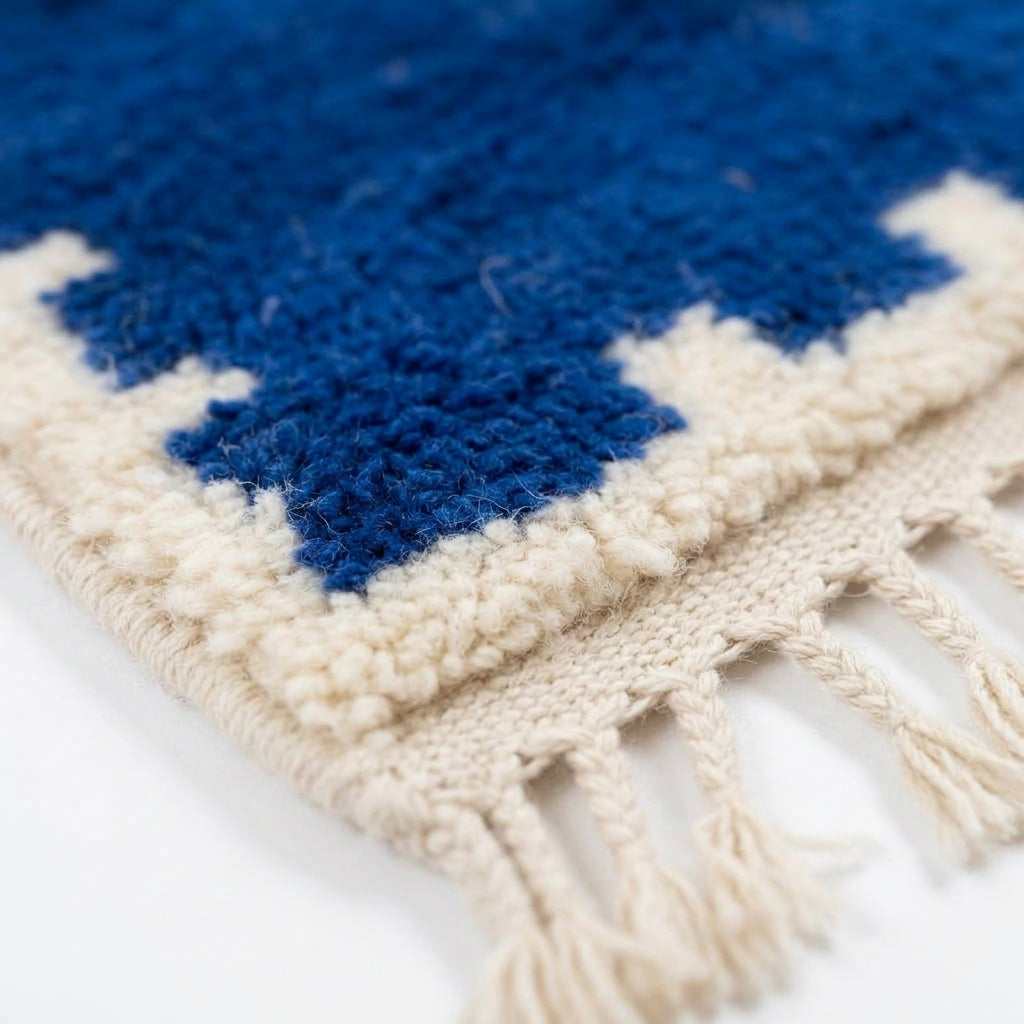 Handcrafted Moroccan Wool Runner Rug, Royal Blue & Cream Berber Hallway Runner 270x70cm / 8.8x2.3ft, Modern Geometric Long Area Rug
