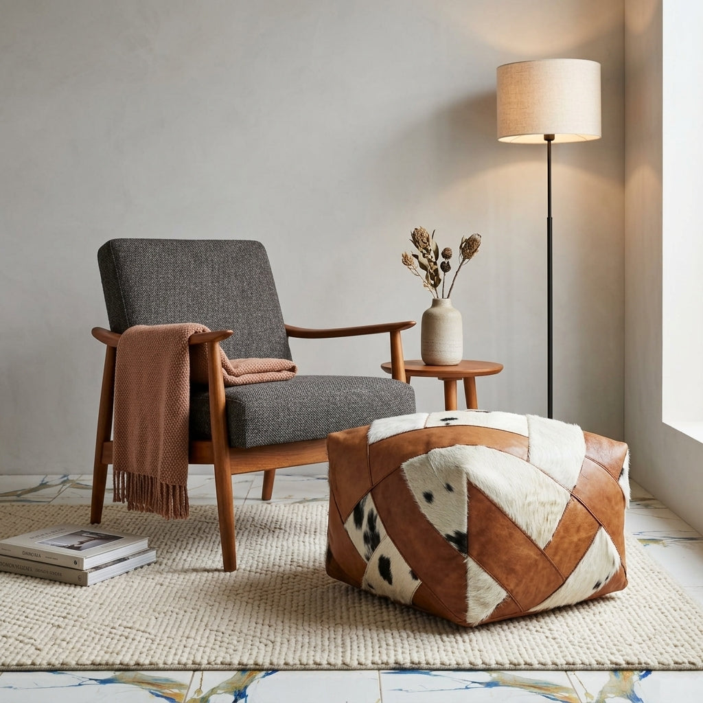 Handmade cowhide ottoman pouf 60 × 60 × 36 cm by Chabichi – image 7