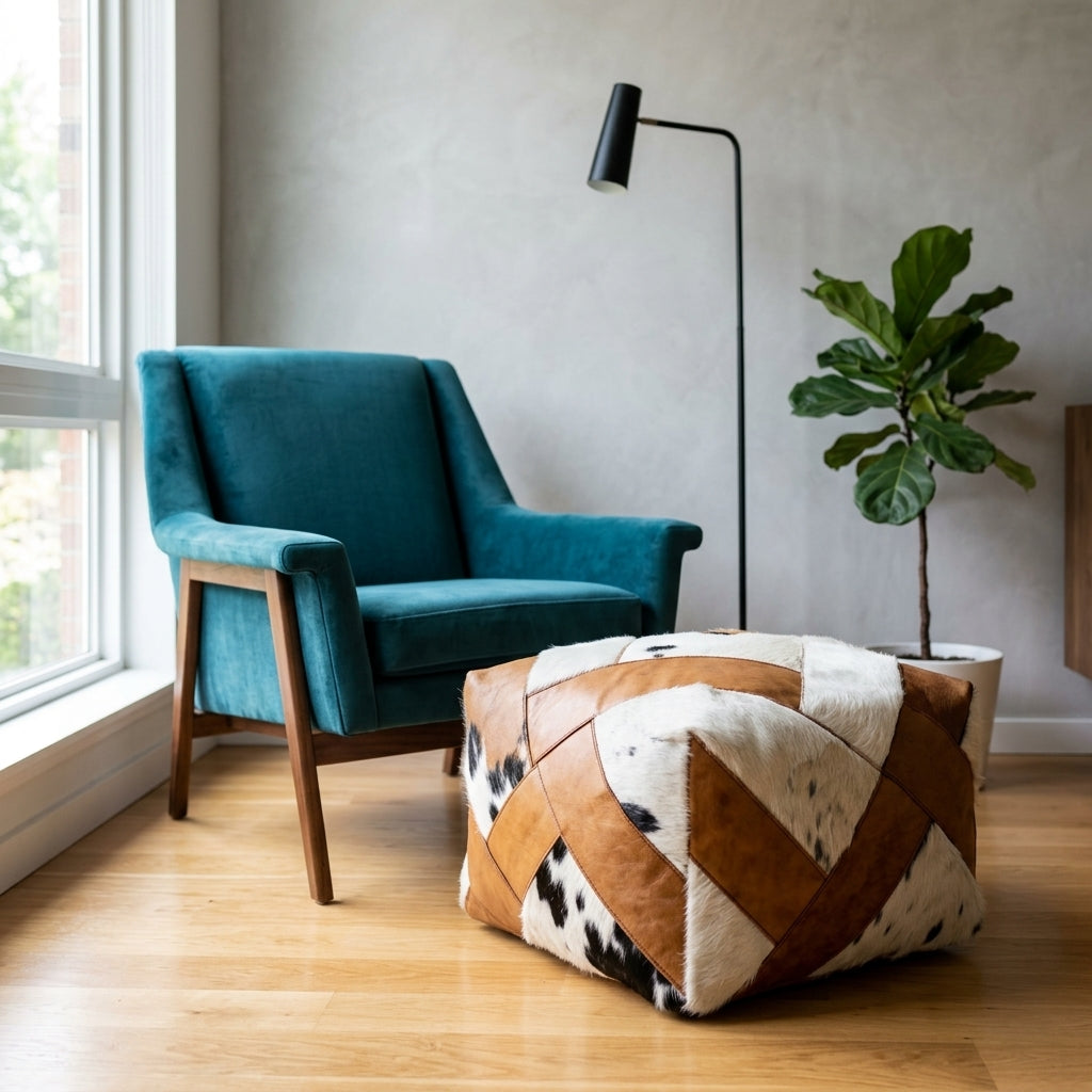 Handmade cowhide ottoman pouf 60 × 60 × 36 cm by Chabichi – image 6