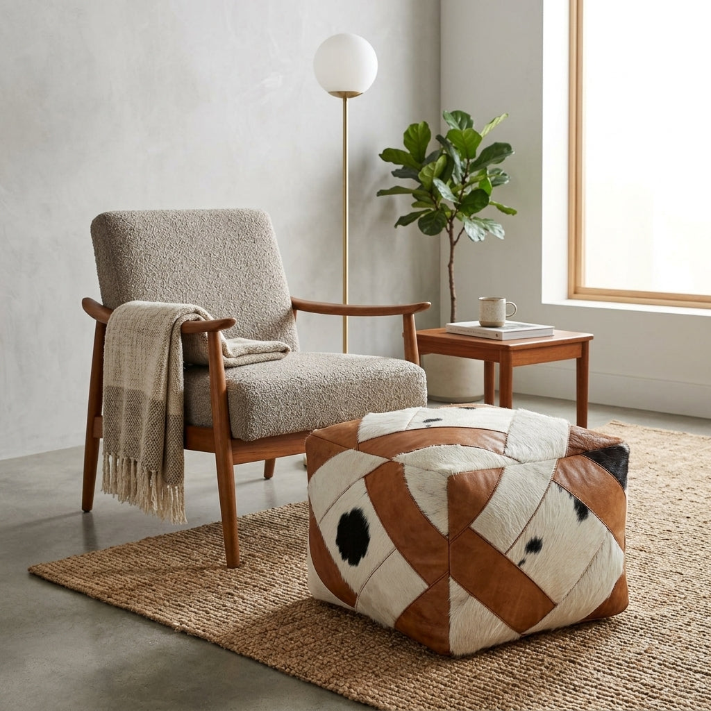 Handmade cowhide ottoman pouf 60 × 60 × 36 cm by Chabichi – image 9