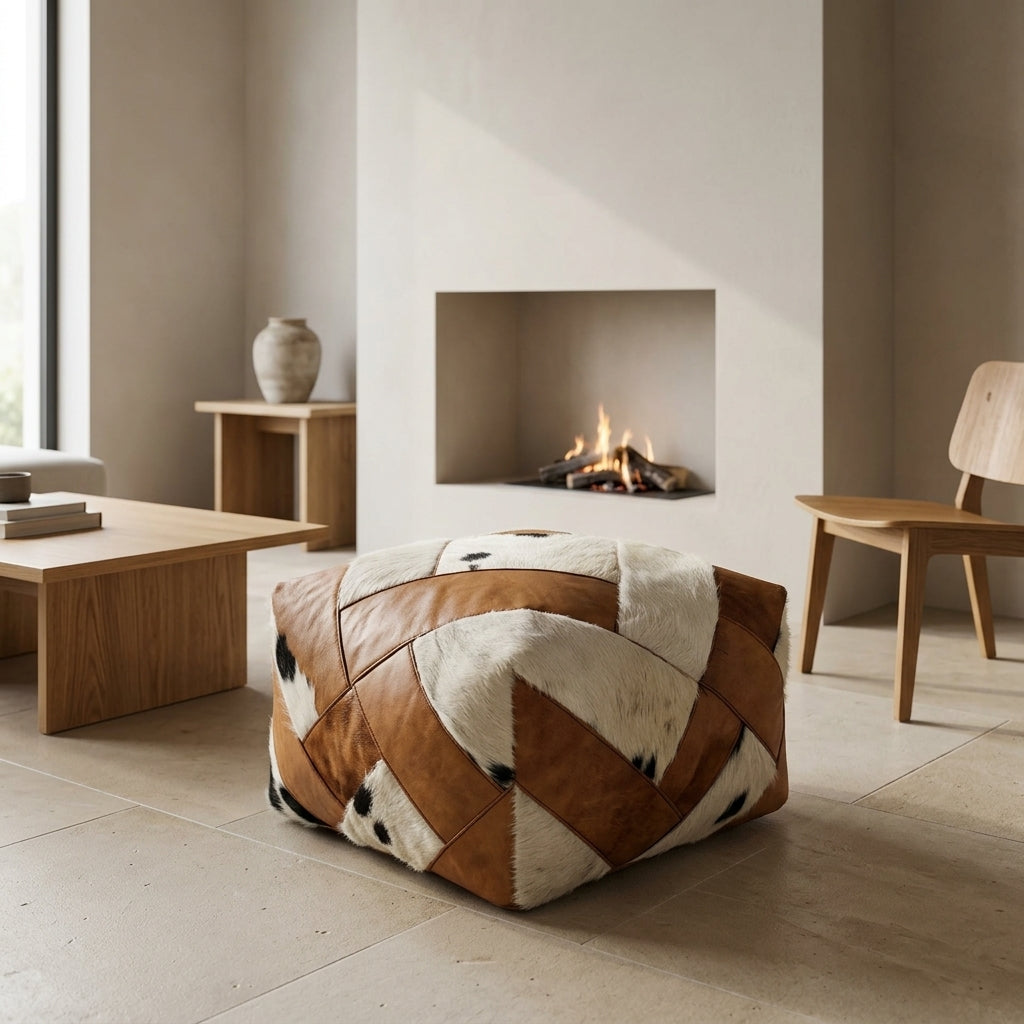 Handmade cowhide ottoman pouf 60 × 60 × 36 cm by Chabichi – image 8