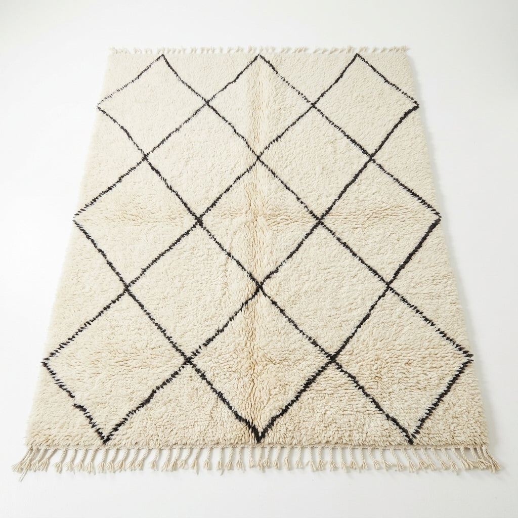Authentic Beni Ourain Moroccan Wool Rug, Square Ivory Cream & Black Diamond Lattice Area Rug 200x200cm / 6.6x6.6ft, Plush Berber Rug