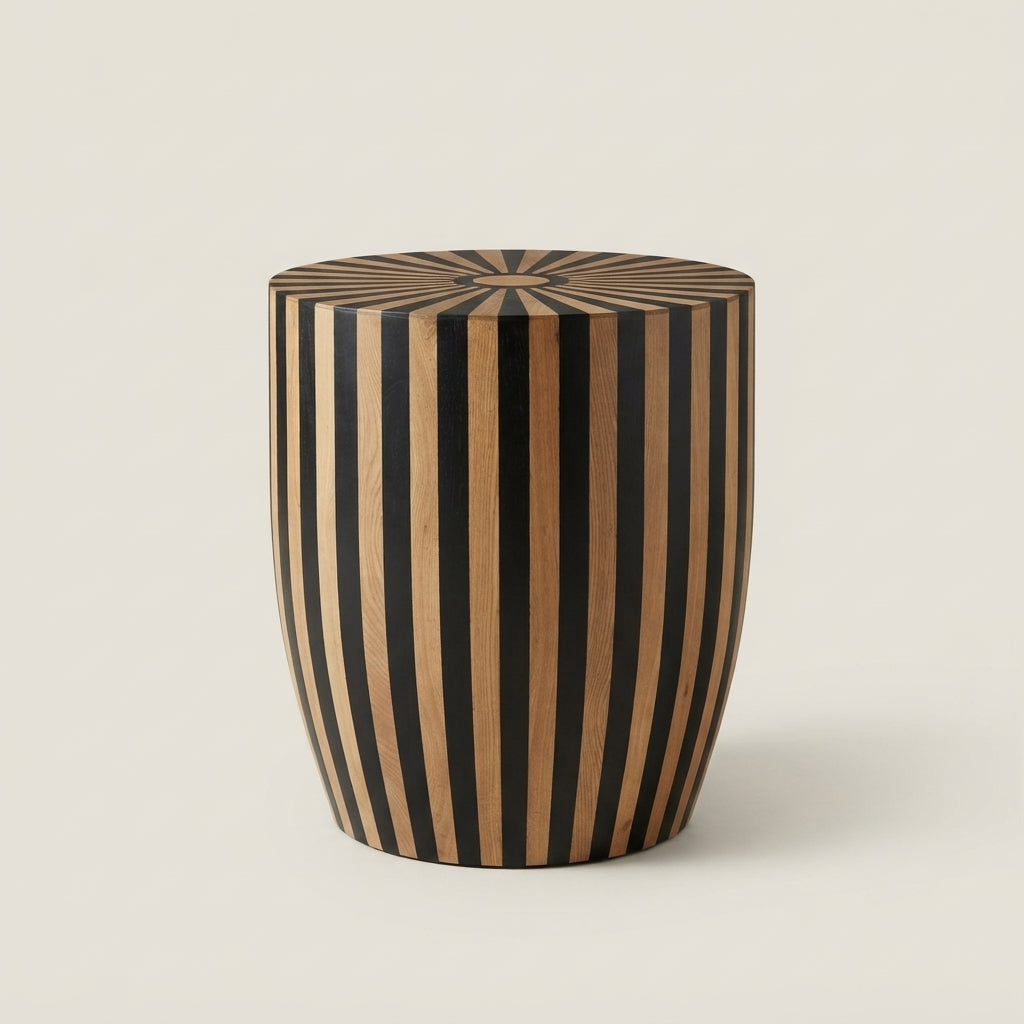Moroccan Oak & Black Resin Drum Side Table | 40 × 50 cm