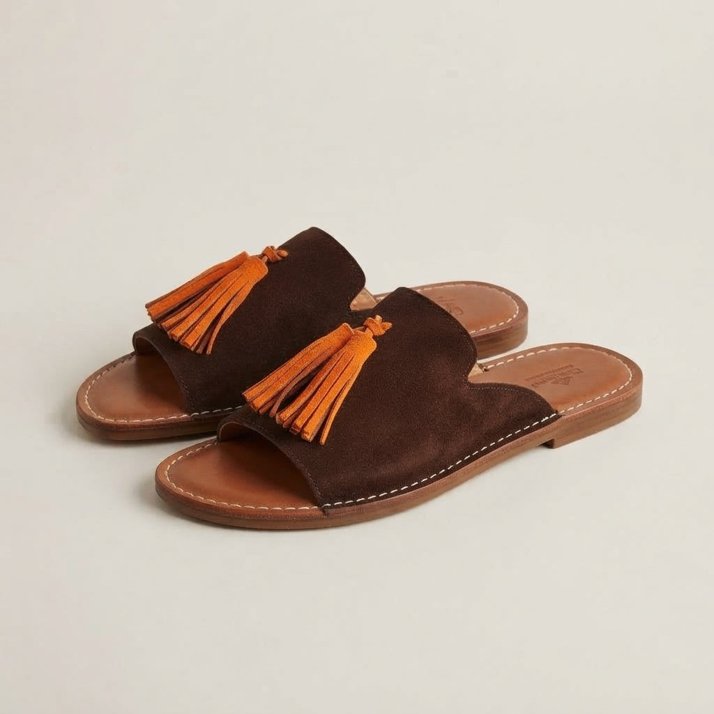 Handcrafted Moroccan Leather Slides, Genuine Suede Tassel Mules EU 37-42, Authentic Artisanal Summer Sandals, Boho Flat Slip-On Shoes
