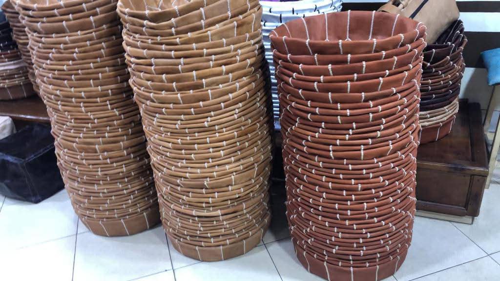 Handmade Embroidered Tan Leather Moroccan Pouf