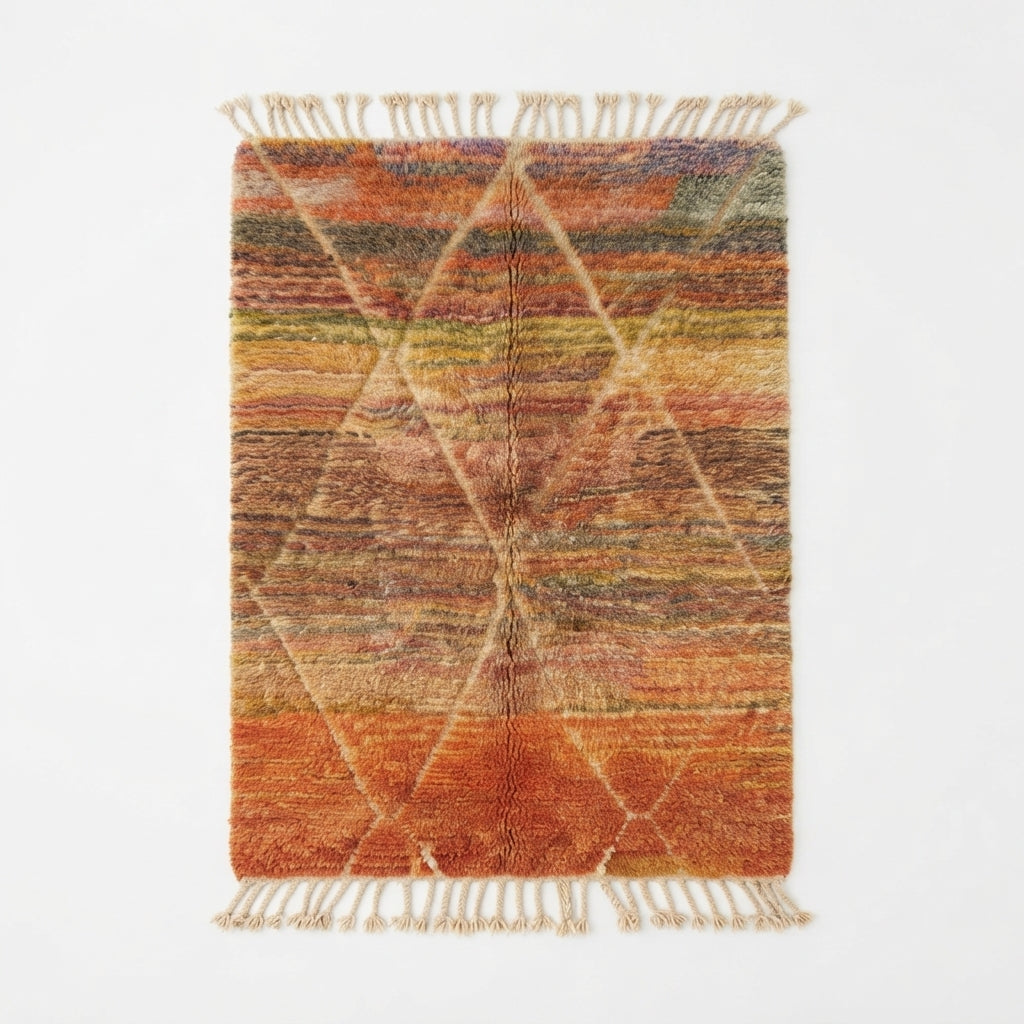 Handcrafted Moroccan Wool Rug, Warm Sunset Orange & Terracotta Diamond Motif Area Rug 165x122cm / 5.4x4.0ft, Small Berber Accent Rug