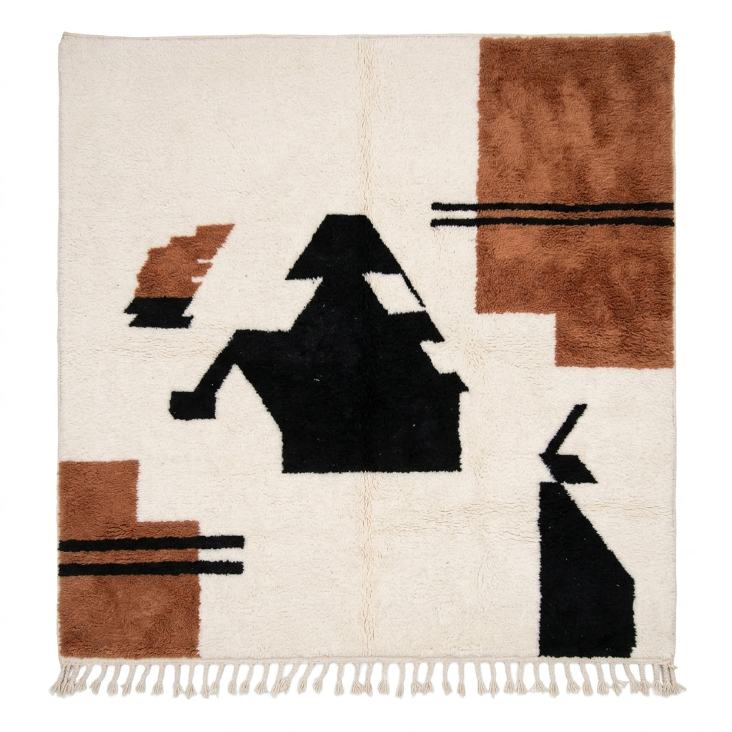 Handcrafted Abstract Moroccan Wool Rug, Terracotta Brown & Black Geometric Area Rug 300x270cm / 9.8x8.8ft, Luxury Large Berber Rug