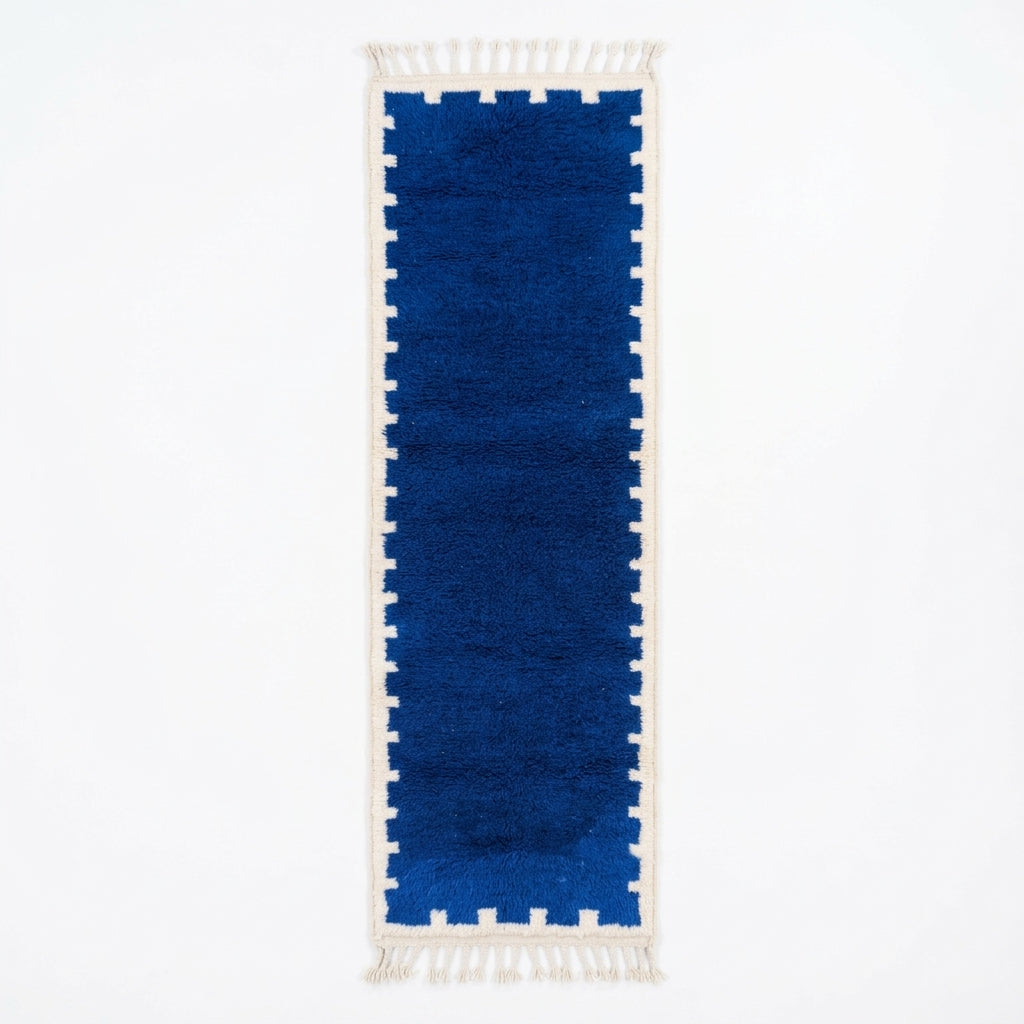 Handcrafted Moroccan Wool Runner Rug, Royal Blue & Cream Berber Hallway Runner 270x70cm / 8.8x2.3ft, Modern Geometric Long Area Rug