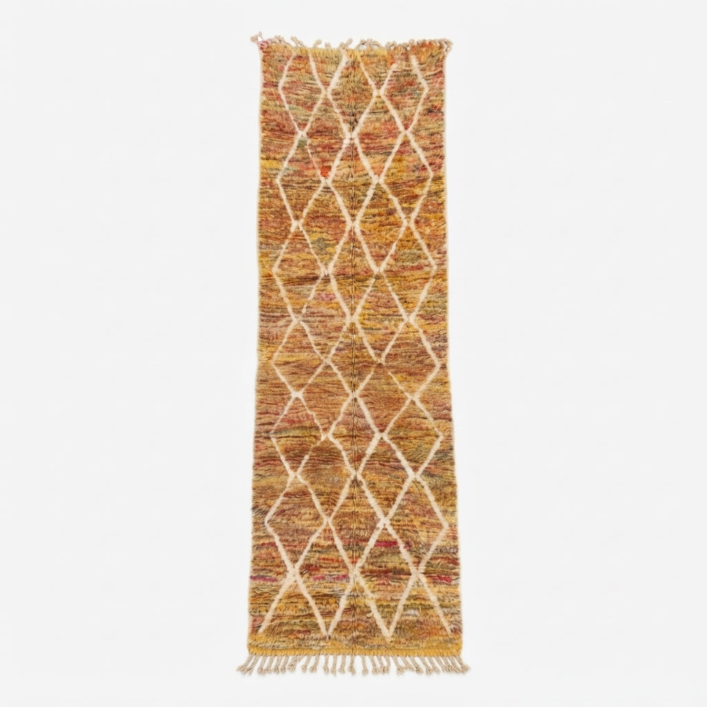 Handcrafted Vintage Moroccan Runner Rug, Colorful Azilal Wool Hallway Runner 355x105cm / 11.6x3.4ft, Berber Tiled Diamond Area Rug