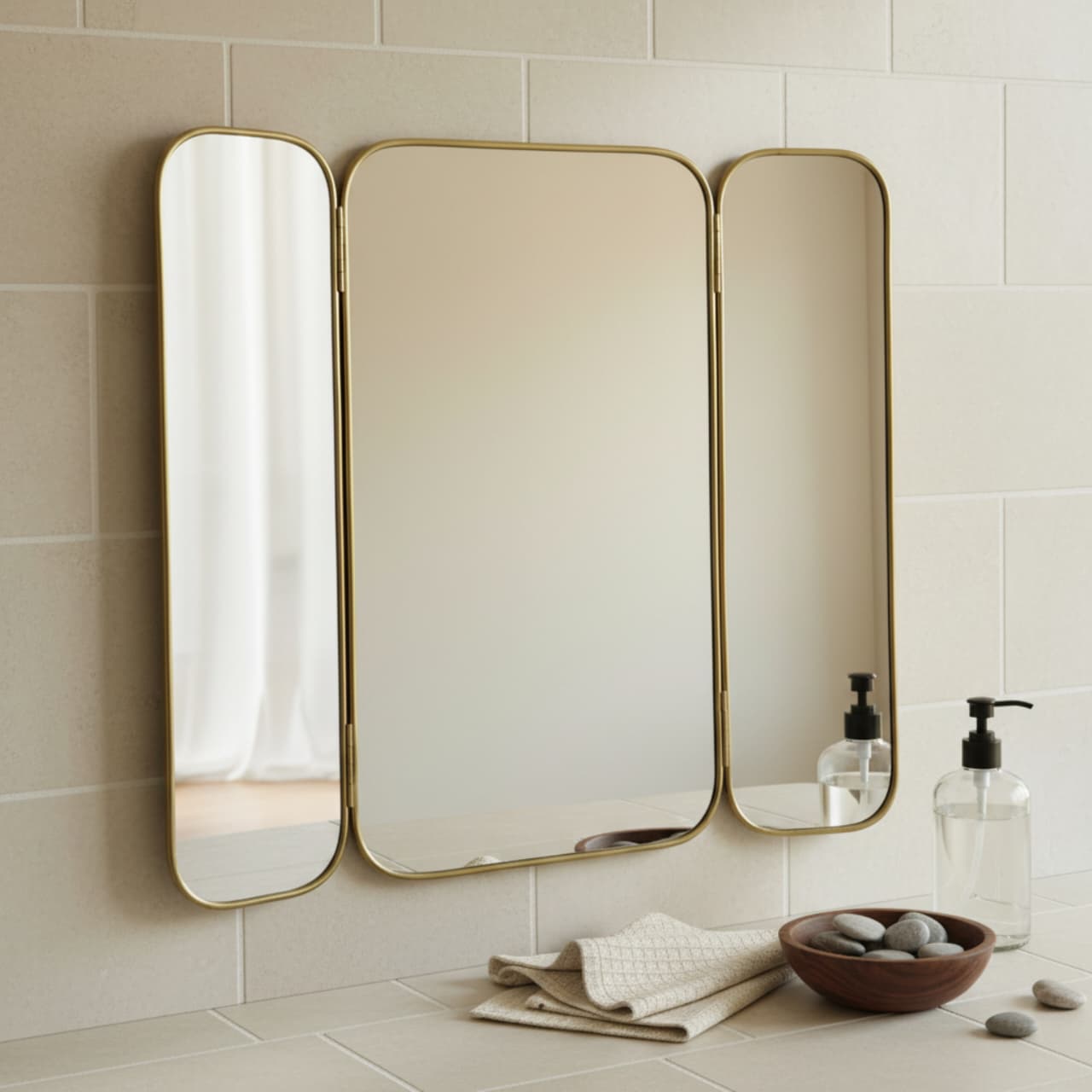Handmade Moroccan Tri-Fold Mirror with Gold Frame - Luxury Home Decor