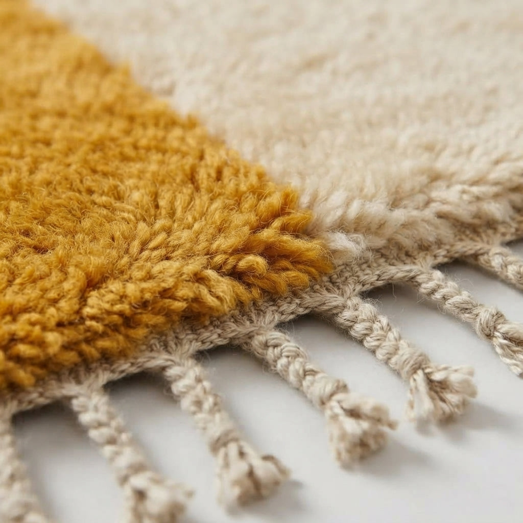 Handcrafted Moroccan Wool Rug, Mustard Yellow & Cream Checkerboard, 260 x 185 cm
