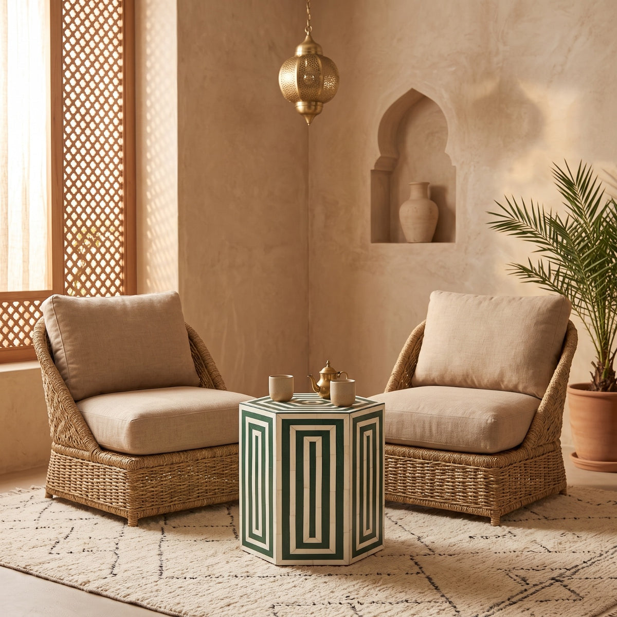 Moroccan Green & White Resin Wood Hexagon Side Table | 50 × 40 × 40 cm