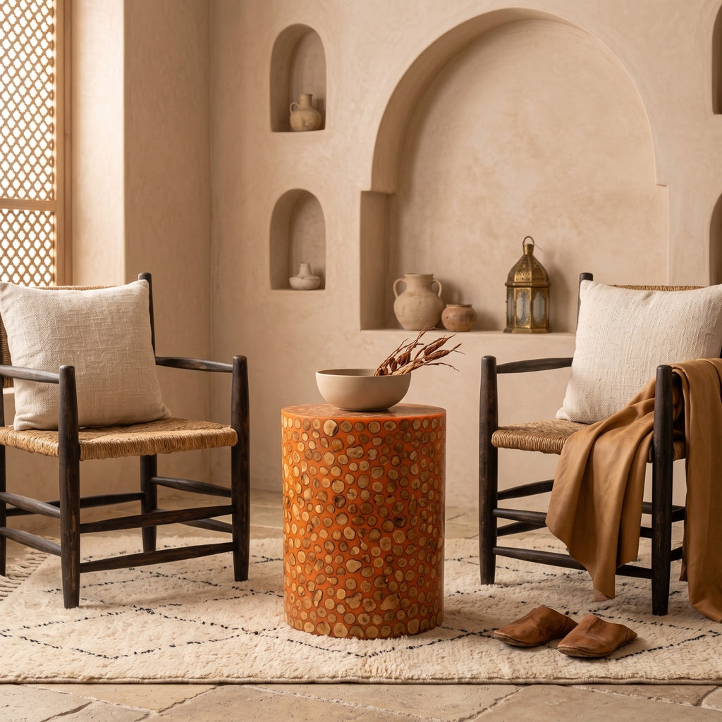 Moroccan Wood Log Slice & White Resin Side Table | 50 × 40 × 40 cm