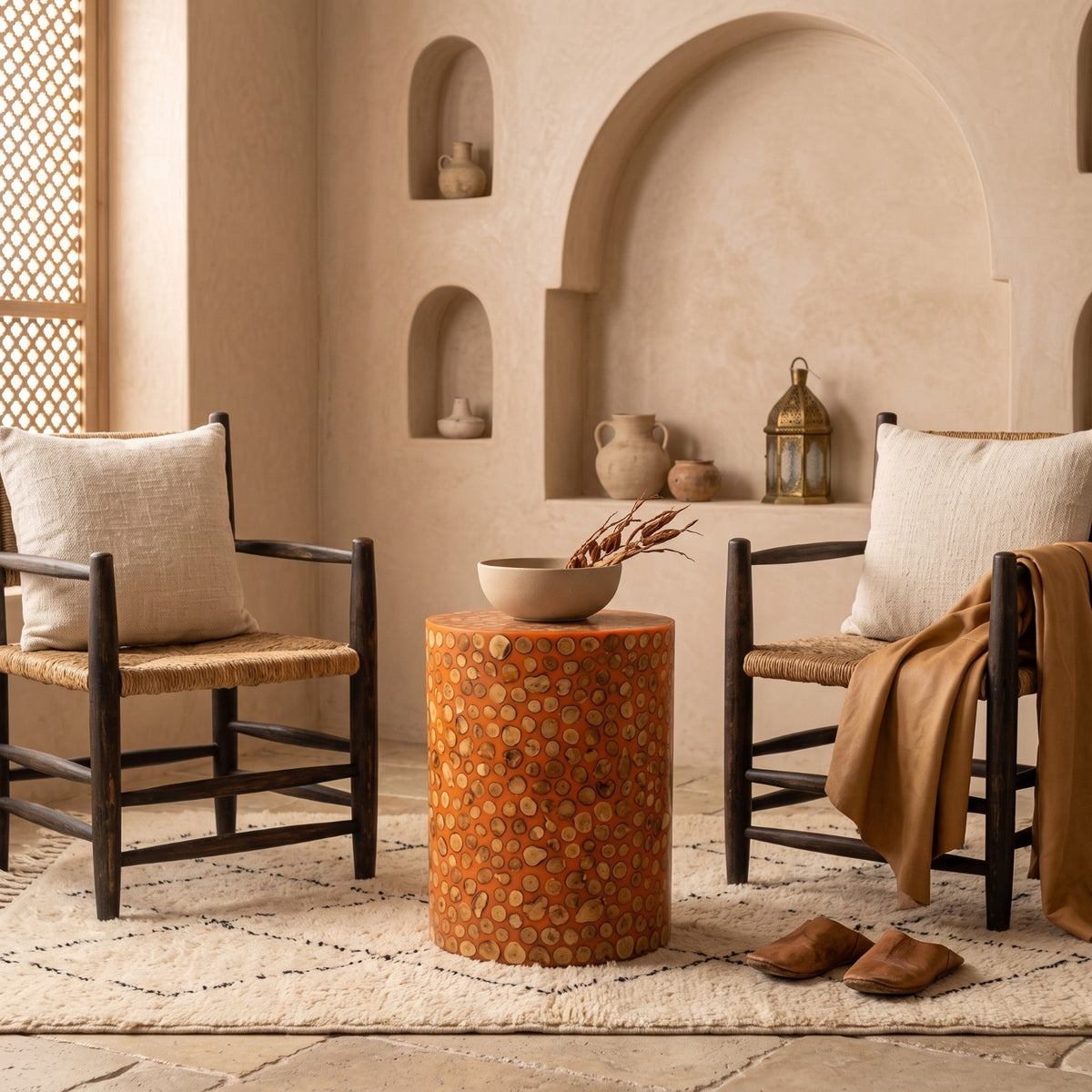 Moroccan Wood Log Slice & White Resin Side Table | 50 × 40 × 40 cm