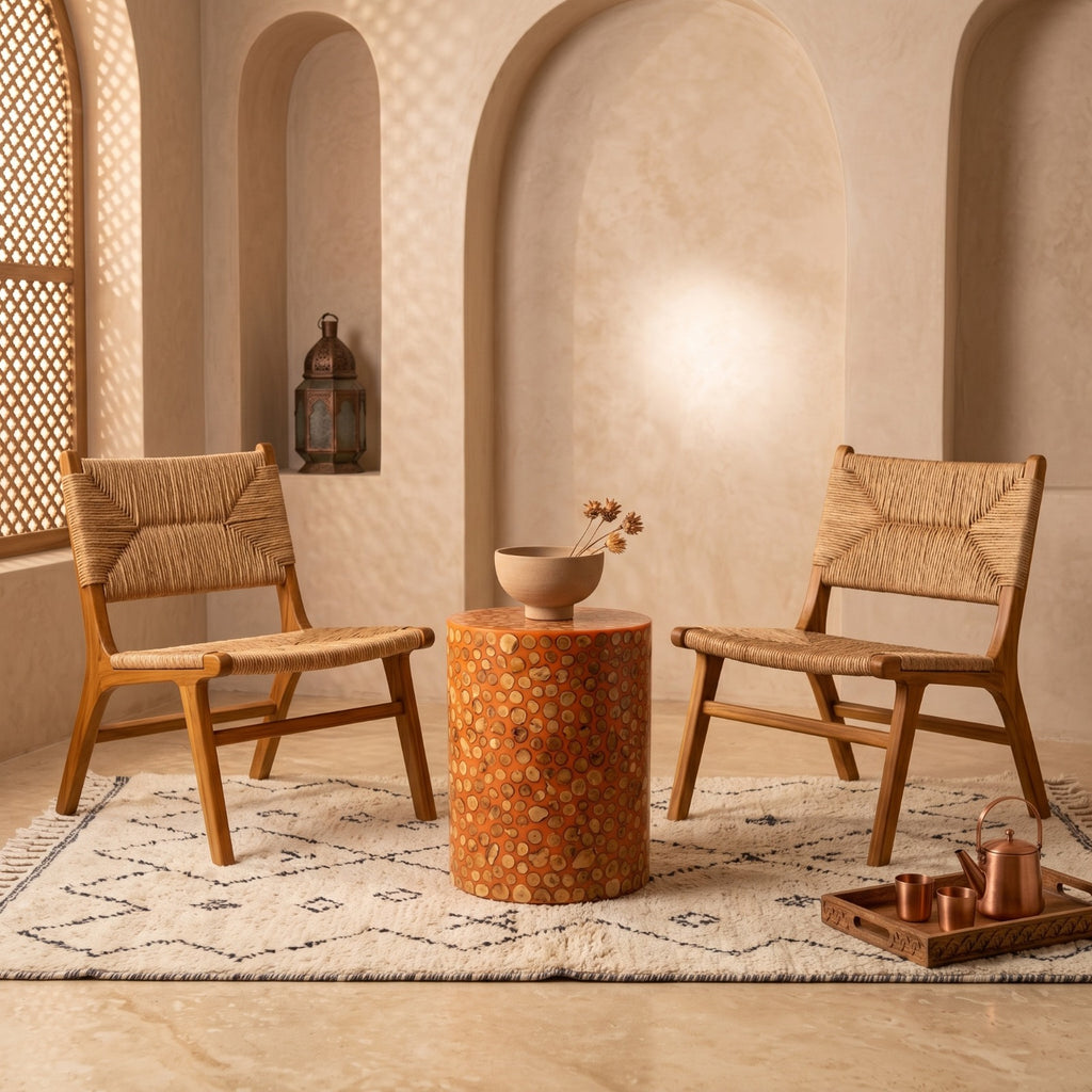 Moroccan Wood Log Slice & White Resin Side Table | 50 × 40 × 40 cm