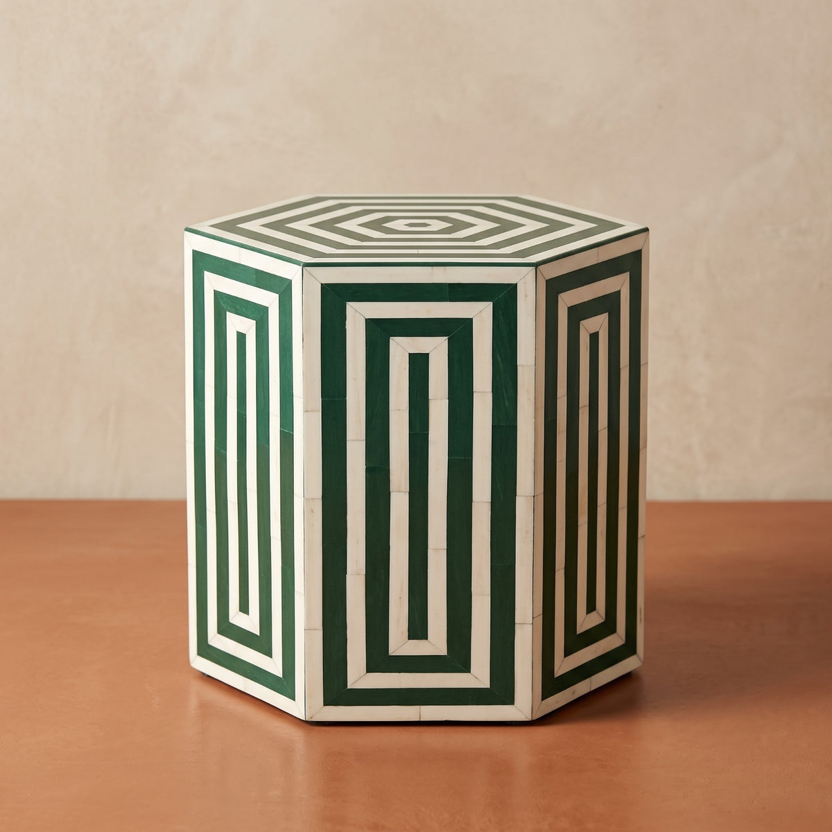 Moroccan Green & White Resin Wood Hexagon Side Table | 50 × 40 × 40 cm