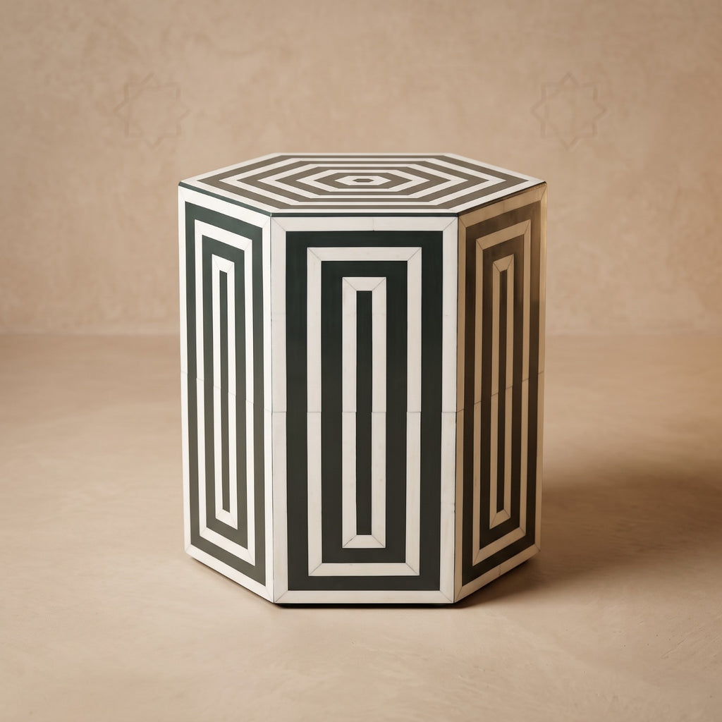 Moroccan Green & White Resin Wood Hexagon Side Table | 50 × 40 × 40 cm