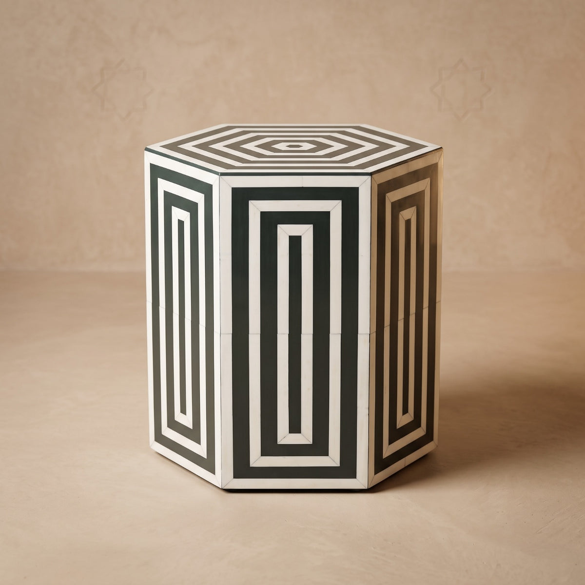 Moroccan Green & White Resin Wood Hexagon Side Table | 50 × 40 × 40 cm