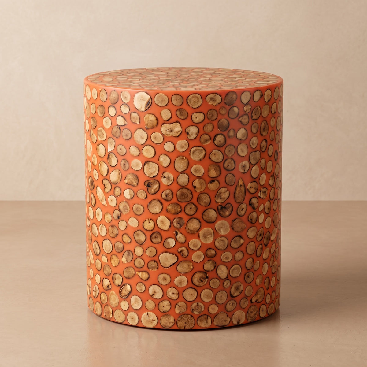 Moroccan Wood Log Slice & White Resin Side Table | 50 × 40 × 40 cm