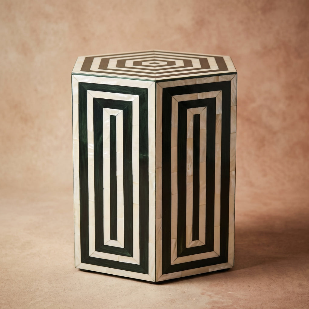 Moroccan Green & White Resin Wood Hexagon Side Table | 50 × 40 × 40 cm