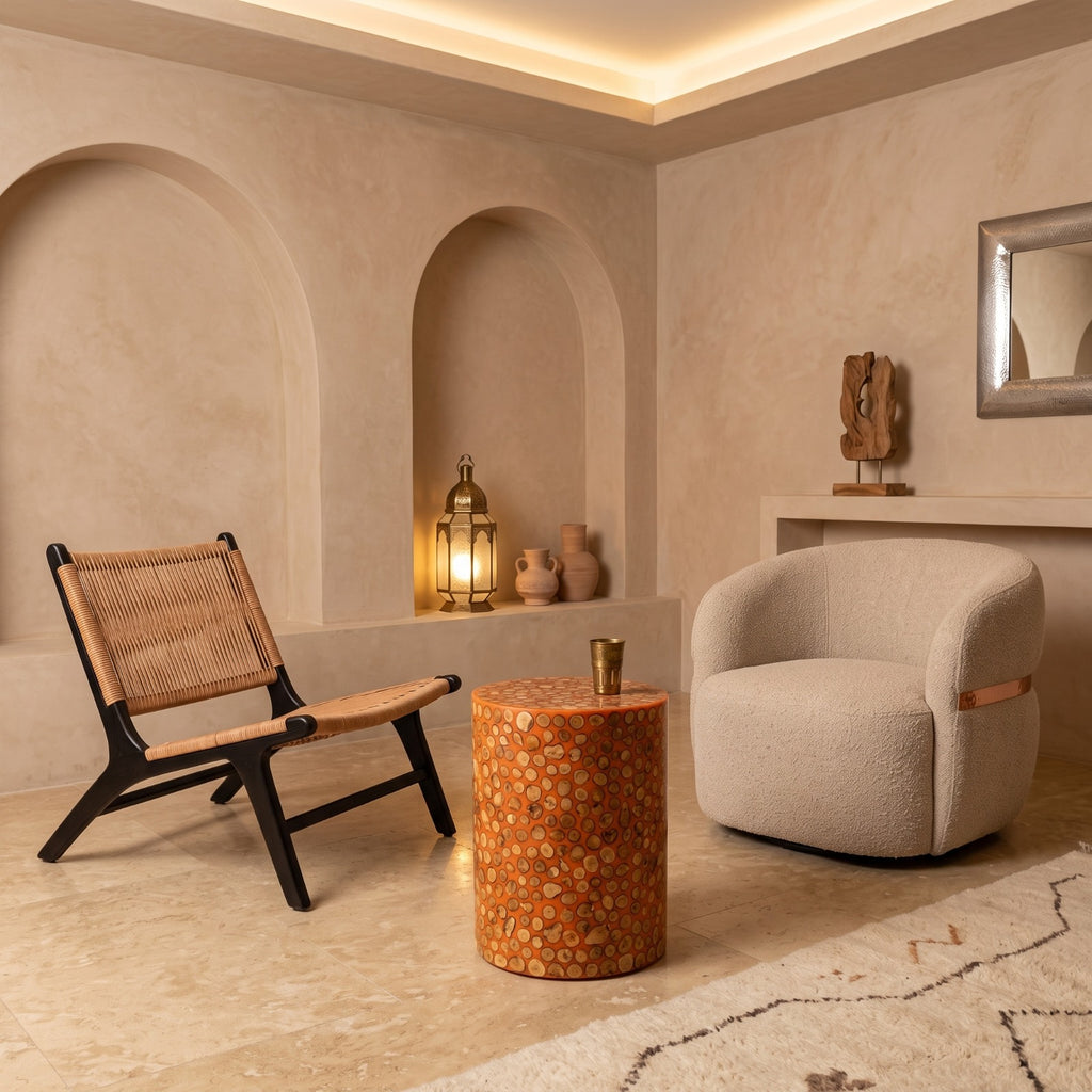 Moroccan Wood Log Slice & White Resin Side Table | 50 × 40 × 40 cm