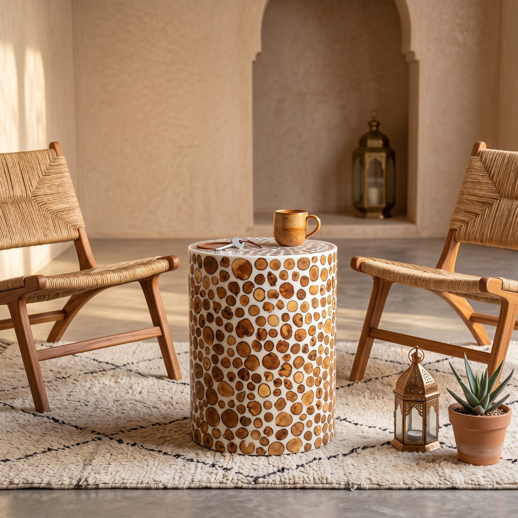 Moroccan Colorful Resin & Wood Sunburst Side Table | 50 × 40 × 40 cm